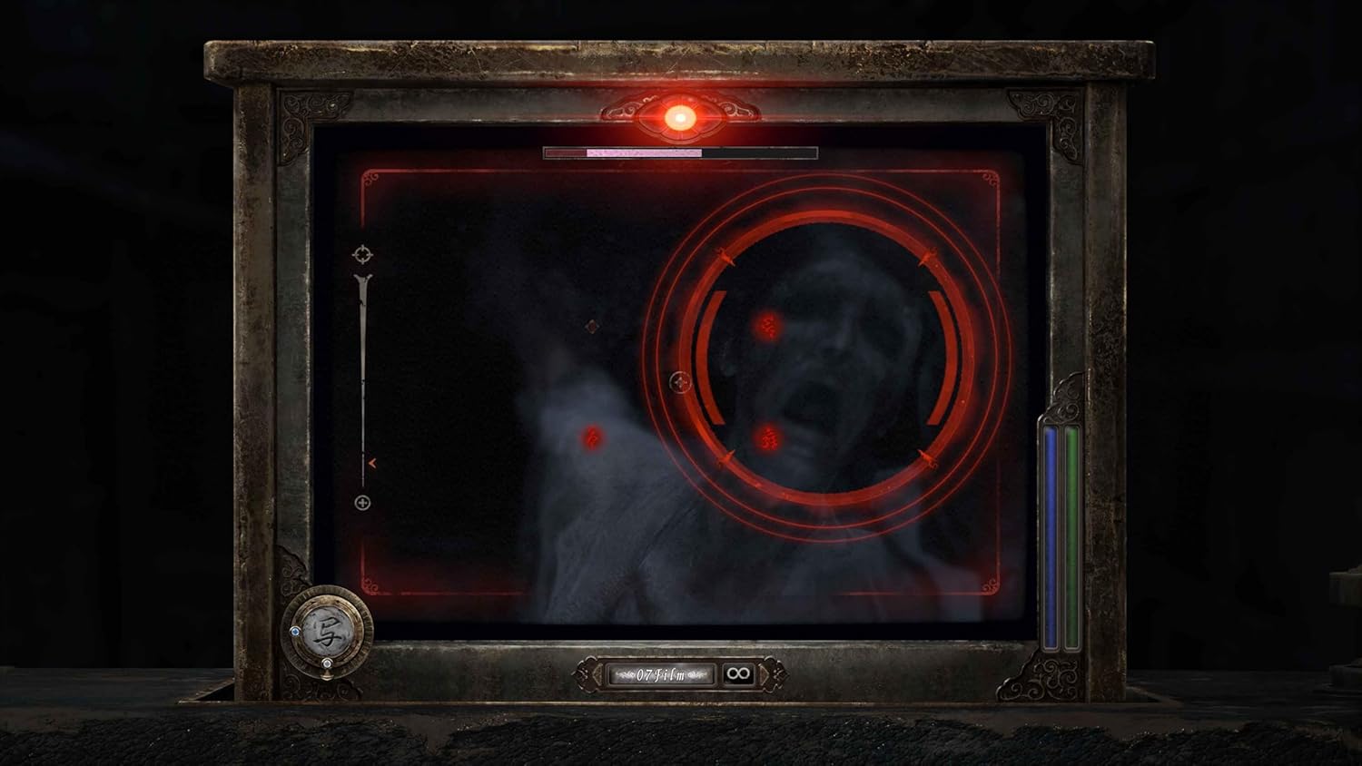 Gaming console with advanced holographic interface and red targeting display for immersive gameplay.