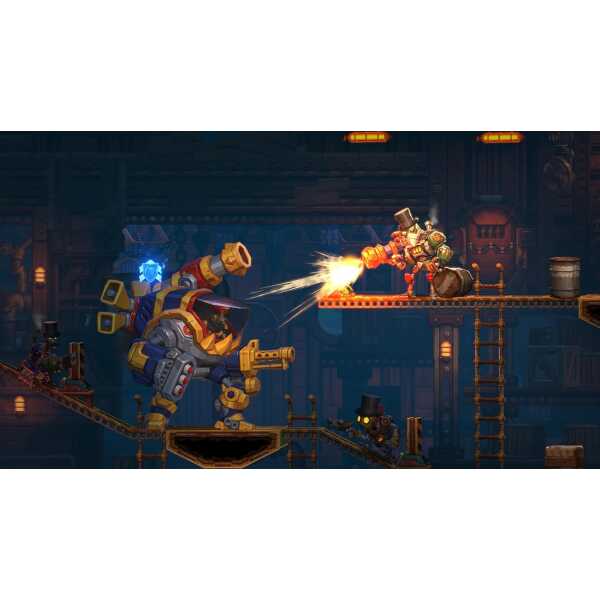 Steampunk robots engaged in a dynamic battle in an industrial setting.