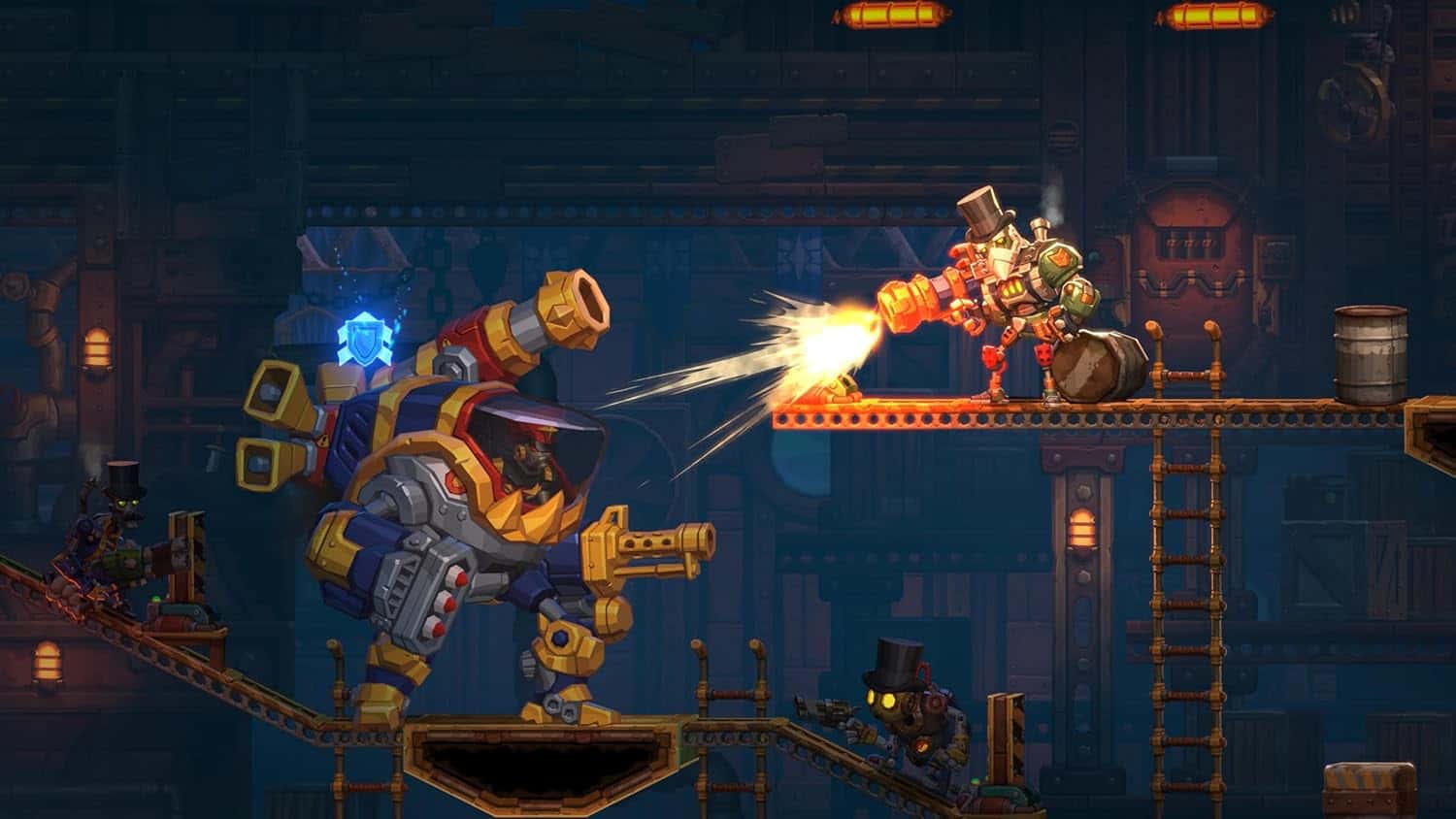 Steampunk robots engaged in a dynamic battle in an industrial setting.