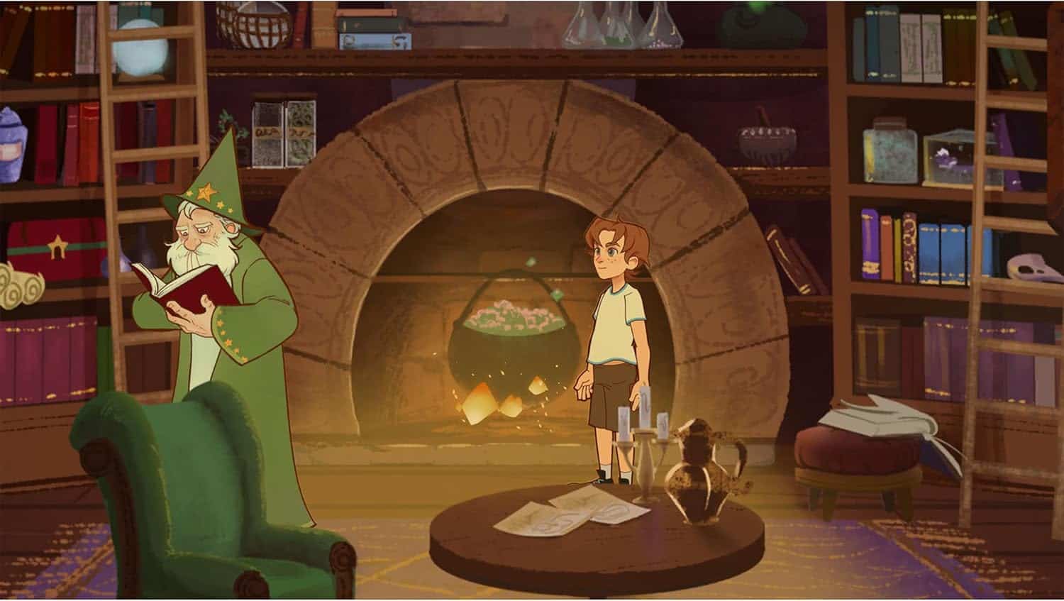 Wizard and boy in a magical library setting from Simon the Sorcerer Origins game.