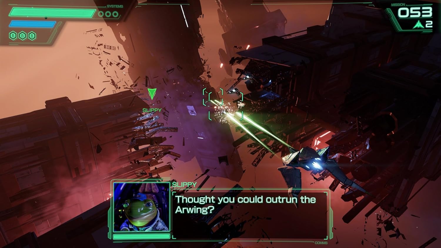 Intense space battle scene from Gameware featuring spaceship laser fire and debris.