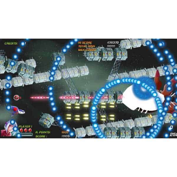 Arcade space shooter with spaceship battling alien structures in Wings of Bluestar.