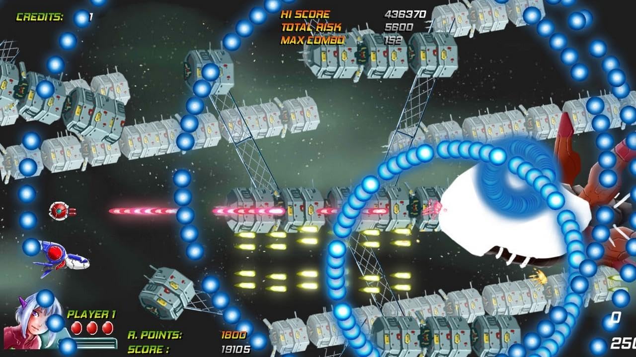 Arcade space shooter with spaceship battling alien structures in Wings of Bluestar.