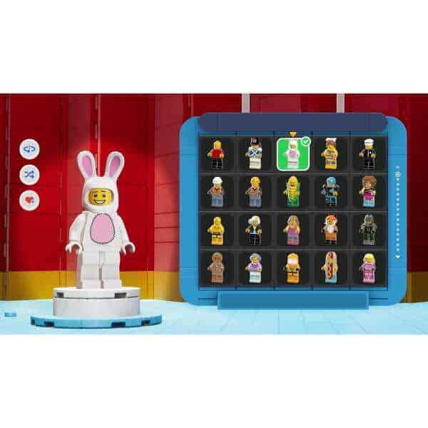 LEGO bunny costume minifigure on display with other LEGO characters.