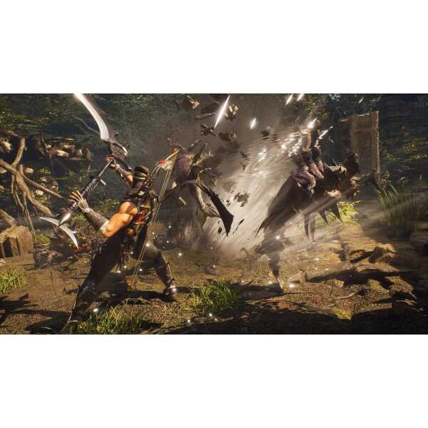 A fierce warrior battles monstrous creatures in a dense, fantasy forest setting.