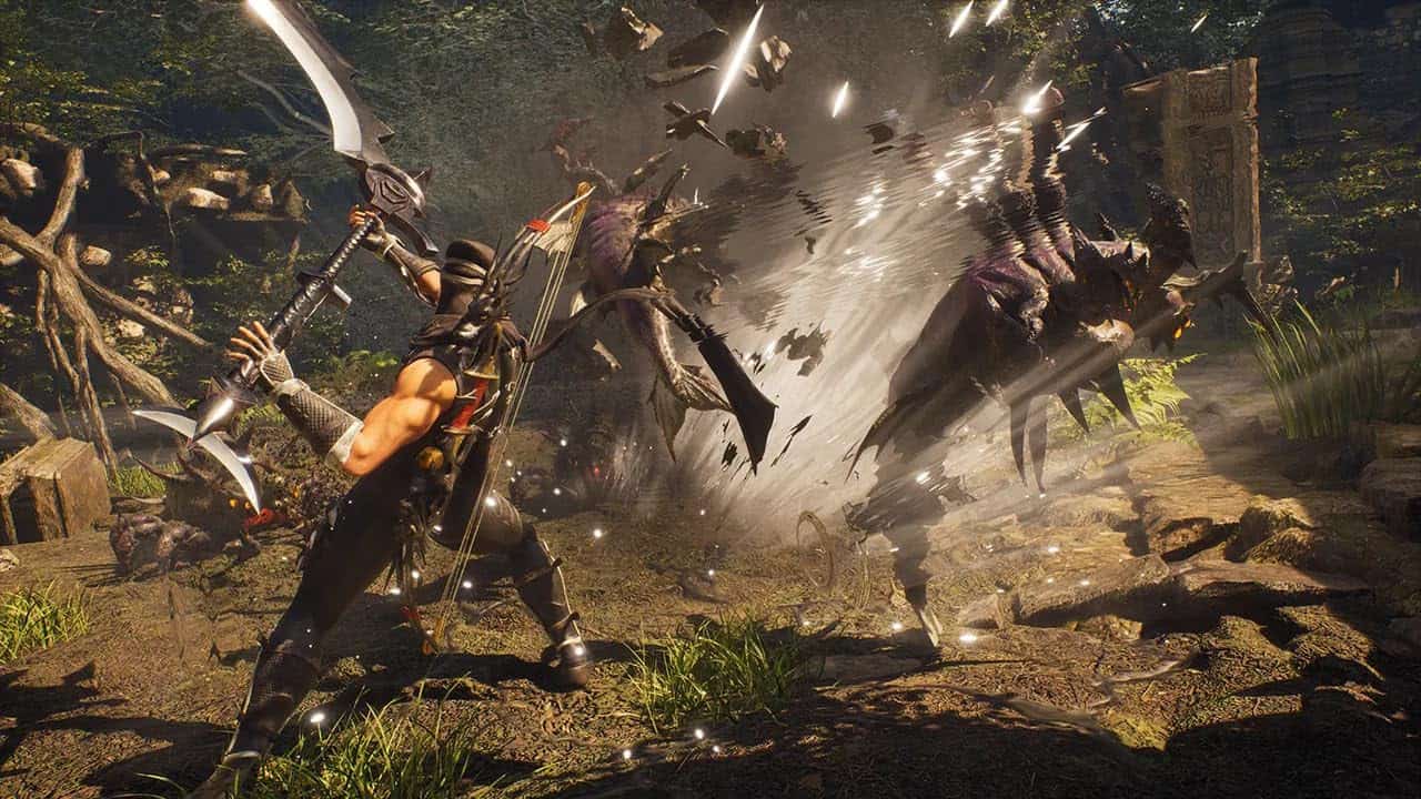 A fierce warrior battles monstrous creatures in a dense, fantasy forest setting.