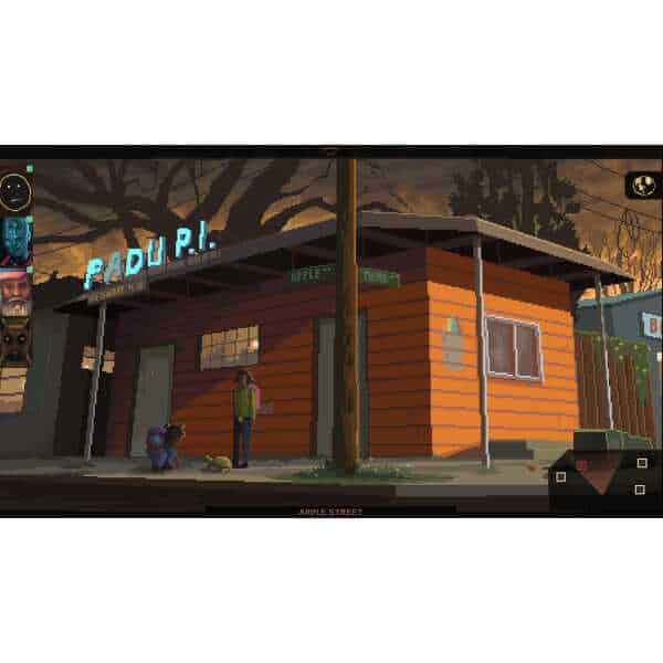 Scene from NORCO game showing characters outside a house on Apple Street.