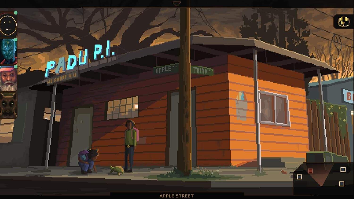 Scene from NORCO game showing characters outside a house on Apple Street.