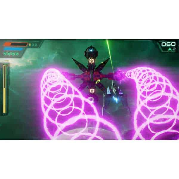 Futuristic spaceship engaging in a space battle with vibrant laser beams and glowing energy effects.