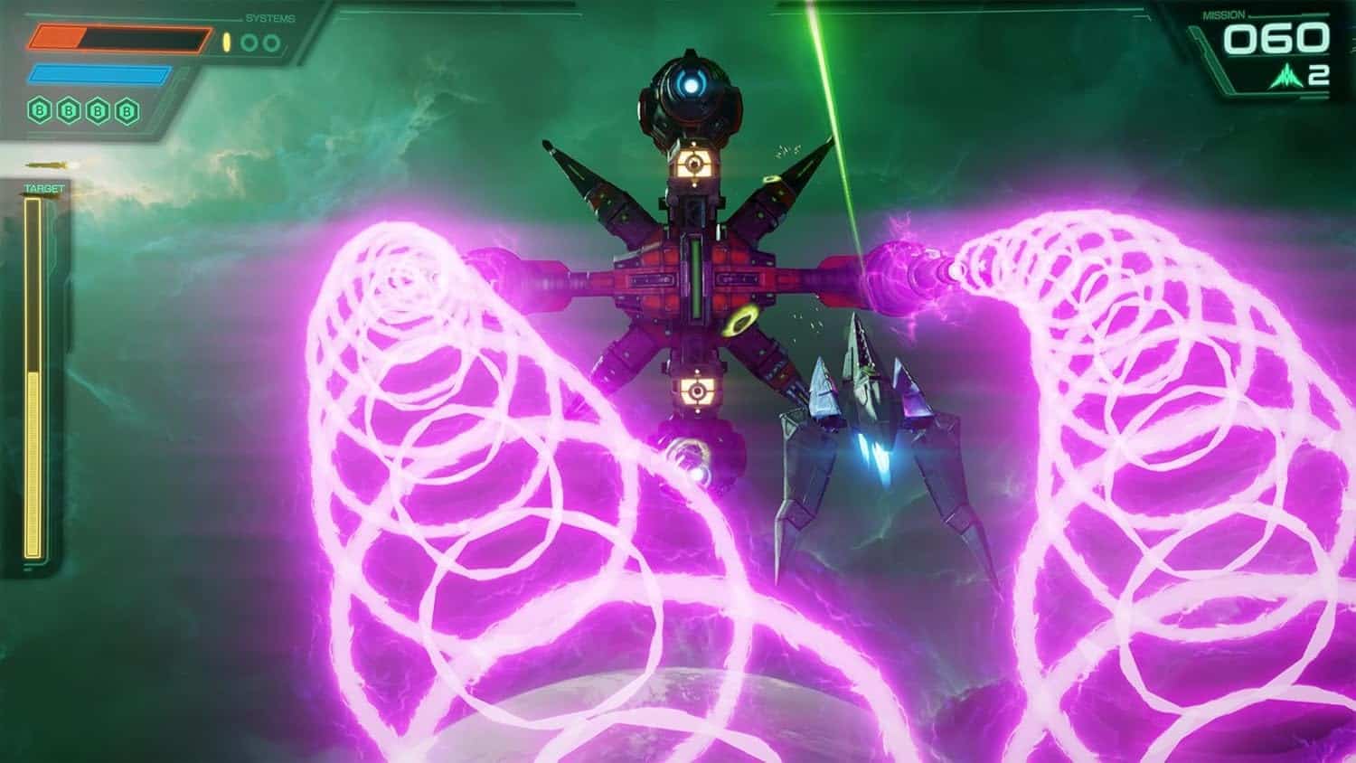 Futuristic spaceship engaging in a space battle with vibrant laser beams and glowing energy effects.