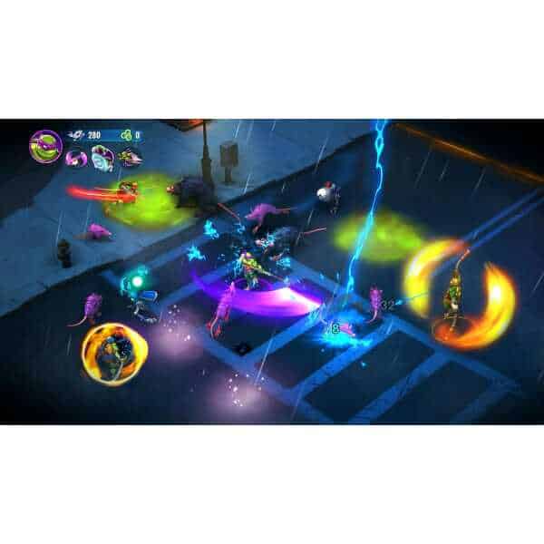 Epic arcade battle with vibrant characters and lightning effects in a city street setting.