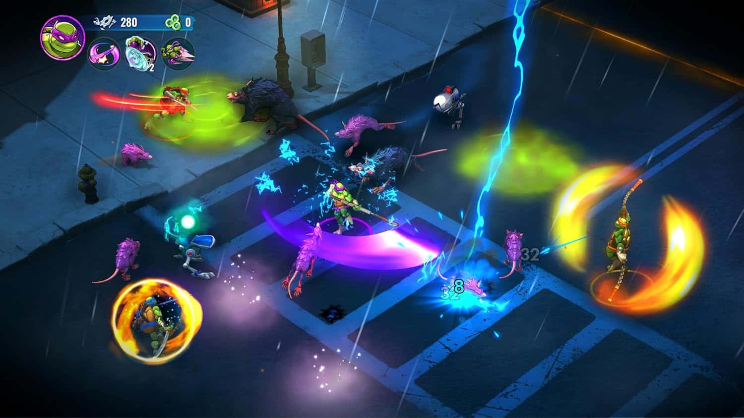 Epic arcade battle with vibrant characters and lightning effects in a city street setting.