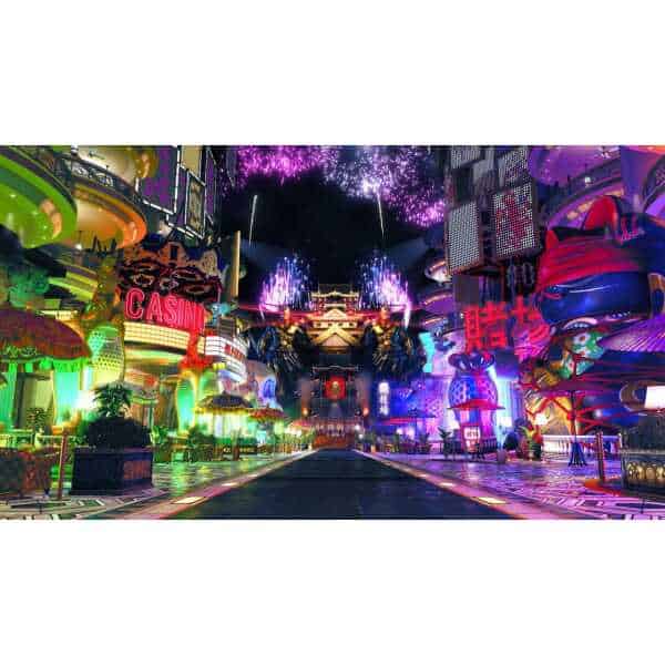 Bright neon-lit casino and entertainment district with vibrant colors and futuristic architecture at.
