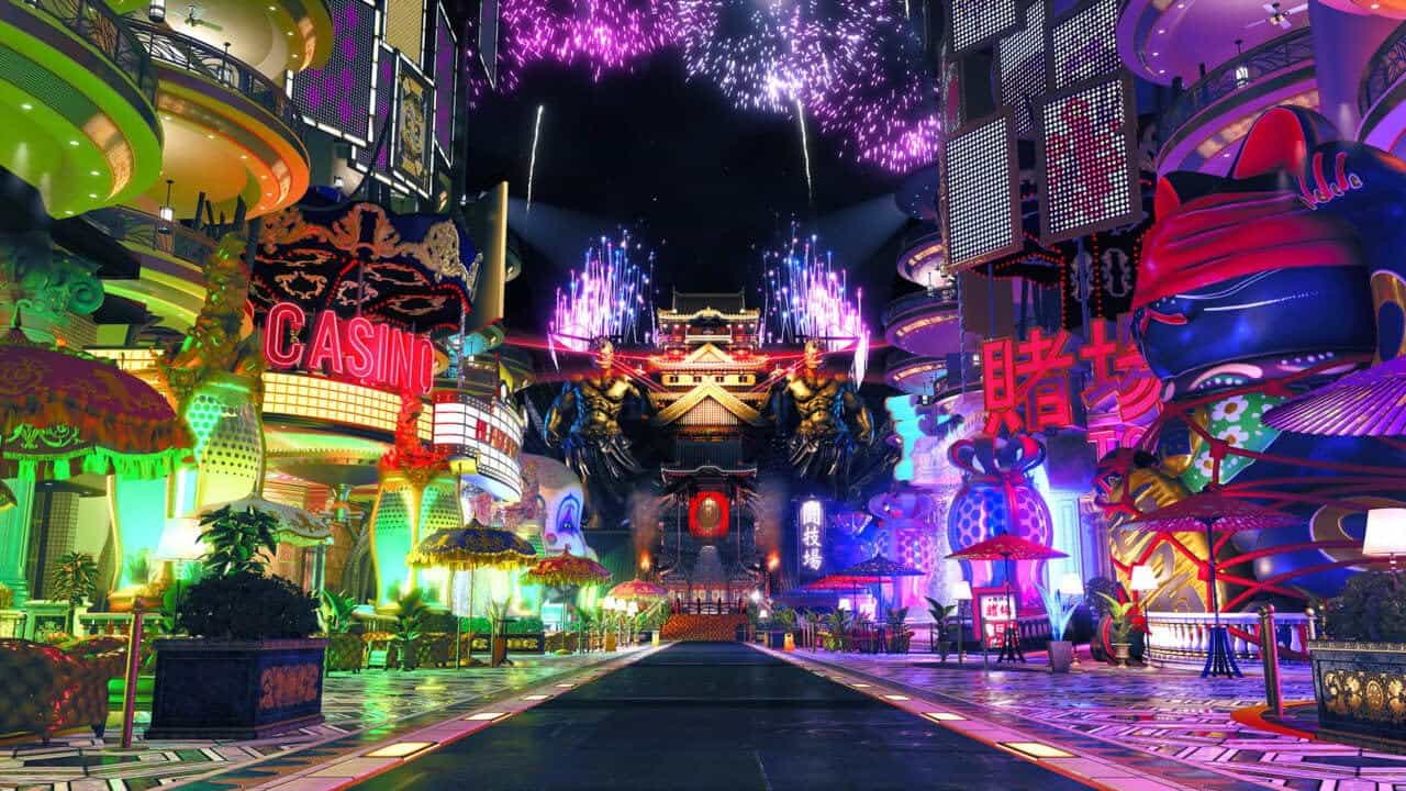 Bright neon-lit casino and entertainment district with vibrant colors and futuristic architecture at.