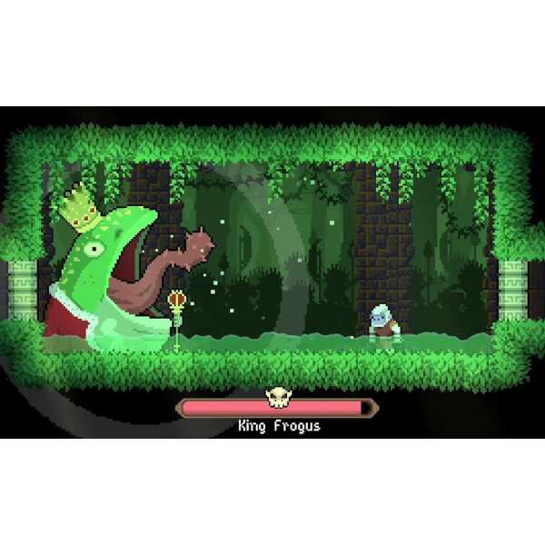 Pixel art of a frog king in a lush jungle setting from Dunjungle game.