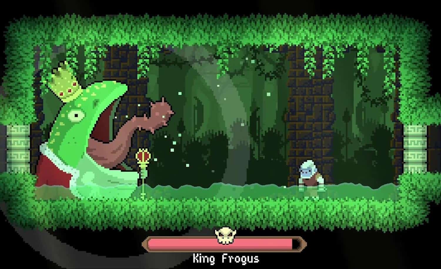 Pixel art of a frog king in a lush jungle setting from Dunjungle game.