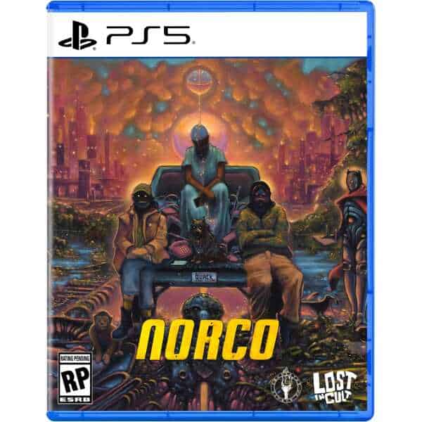 NORCO video game cover featuring dystopian cityscape and characters.