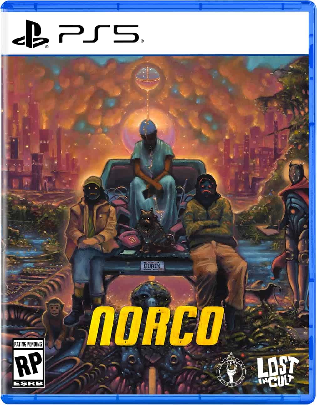 NORCO video game cover featuring dystopian cityscape and characters.