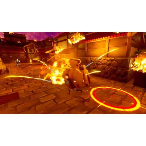 Intense fire attack scene from a video game with characters battling flames.
