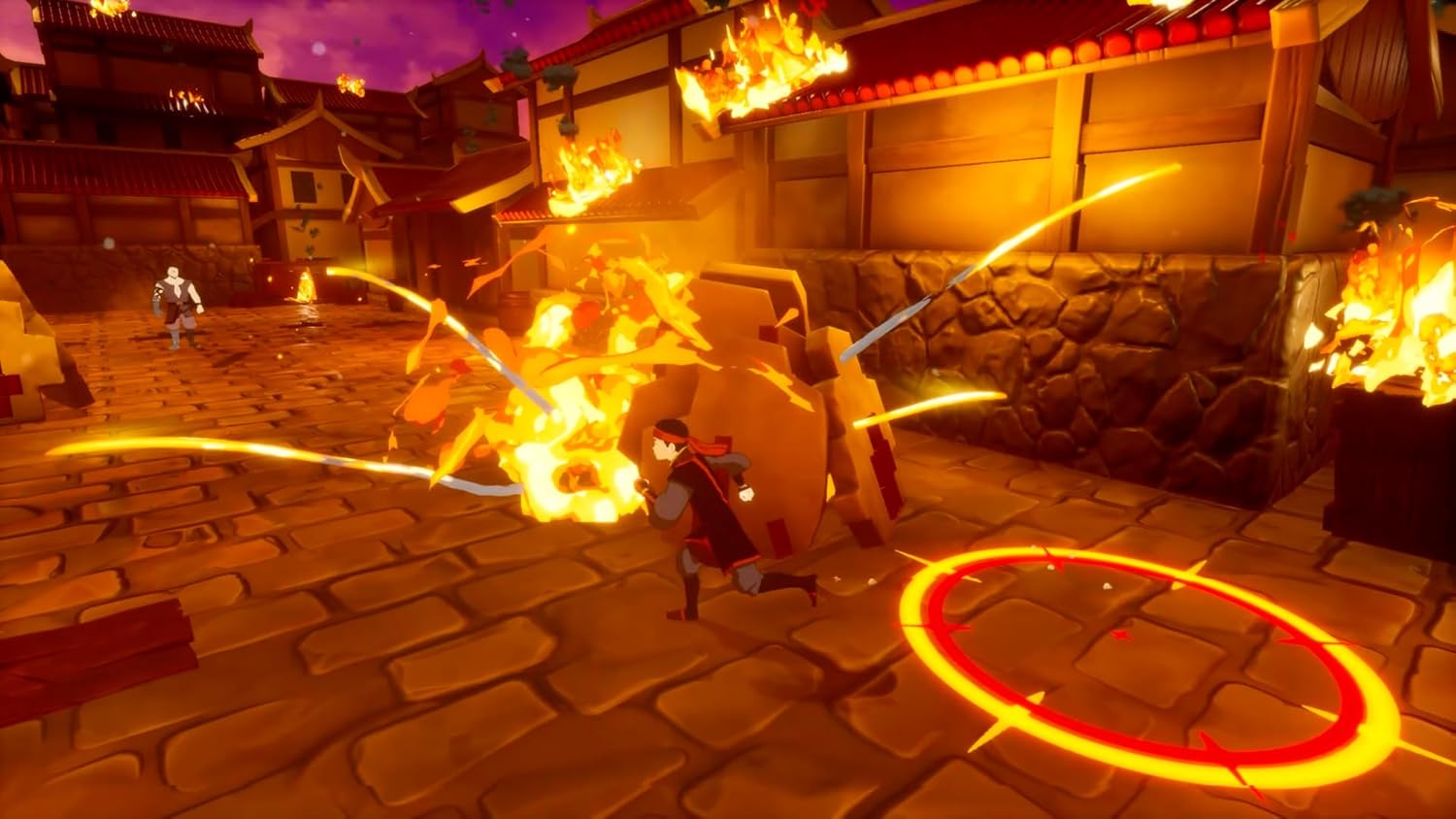 Intense fire attack scene from a video game with characters battling flames.