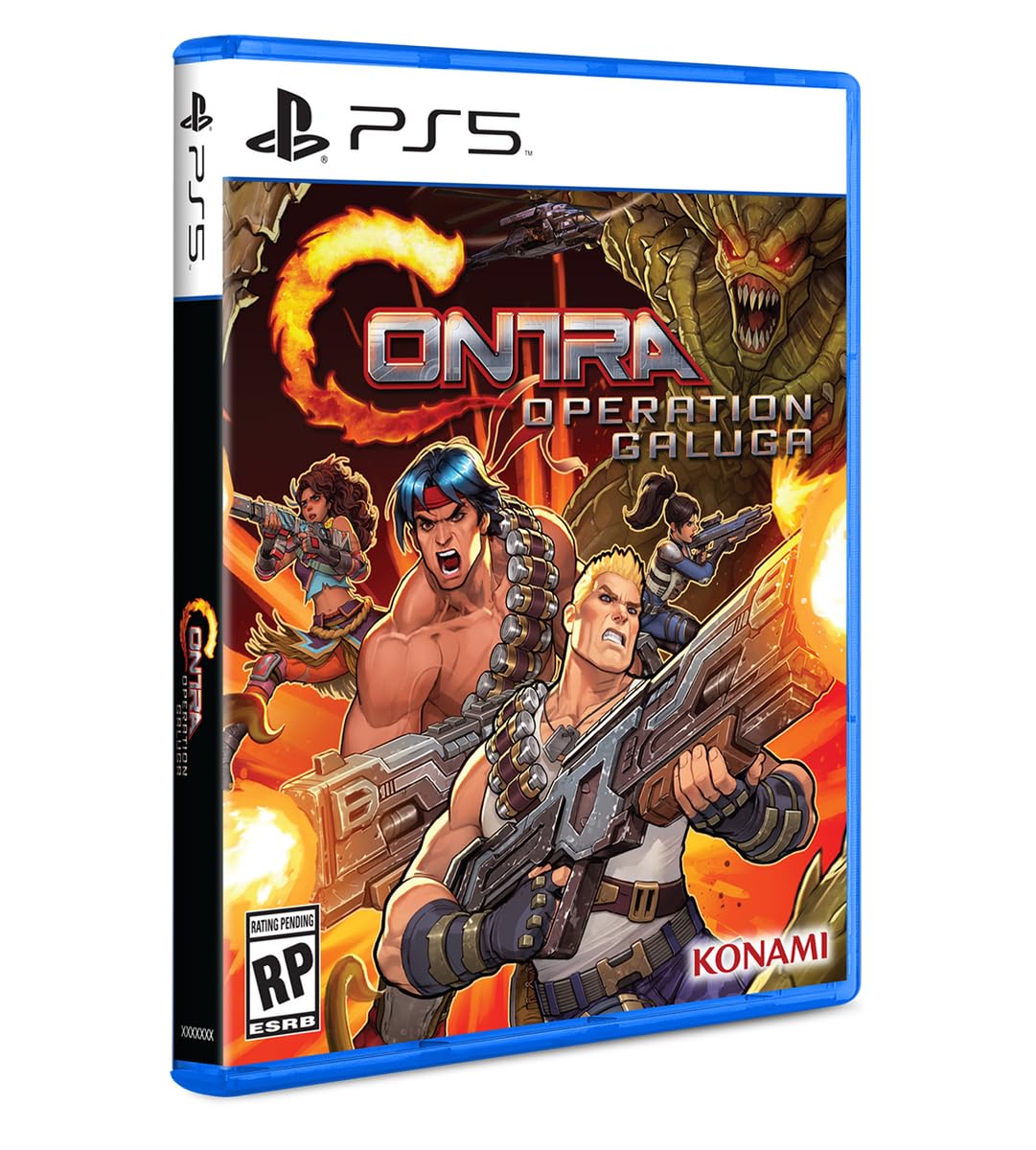 Dynamic Contra Operation Galuga PS5 game cover featuring soldiers fighting monstrous enemies in intense combat. Explosive action-packed Contra Operation Galuga PS5 game cover with soldiers battling monsters.