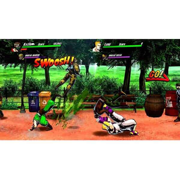 Action-packed scene from Rushing Beat X with fighters battling in a park setting.