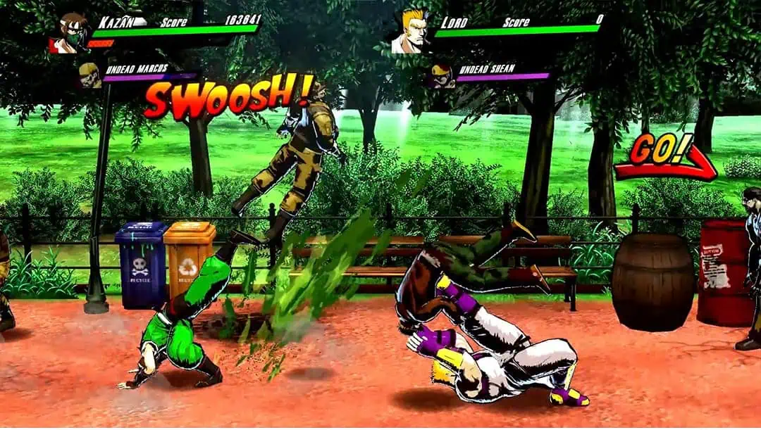 Action-packed scene from Rushing Beat X with fighters battling in a park setting.