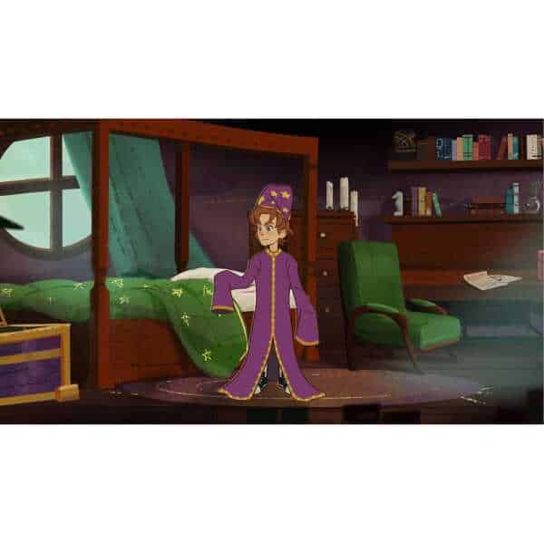 Simon the Sorcerer in his wizard robe in a cozy, magical bedroom setting.