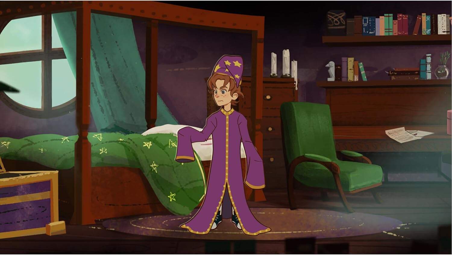 Simon the Sorcerer in his wizard robe in a cozy, magical bedroom setting.