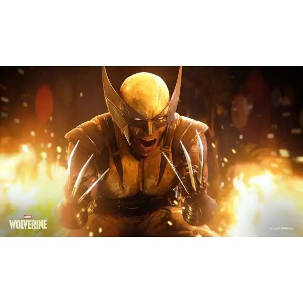 Wolverine character from Marvel with claws extended in a fiery scene.