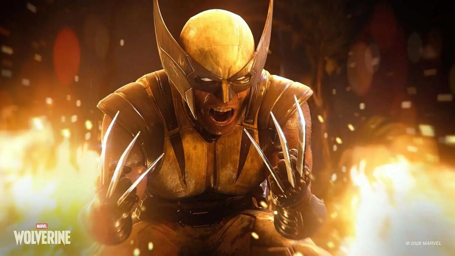 Wolverine character from Marvel with claws extended in a fiery scene.