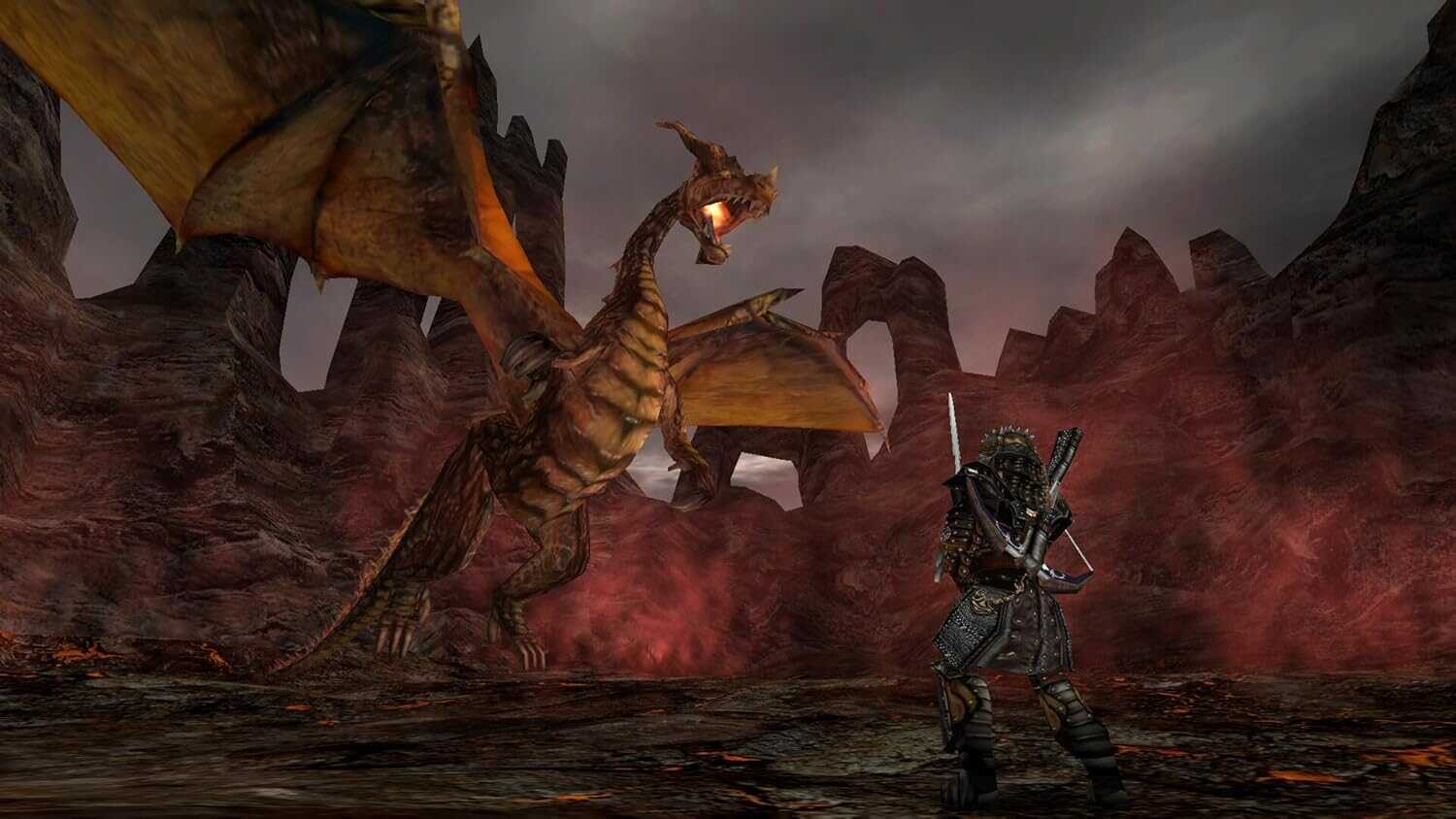 Epic dragon fight in Gothic 2 Classic with hero and fiery dragon.