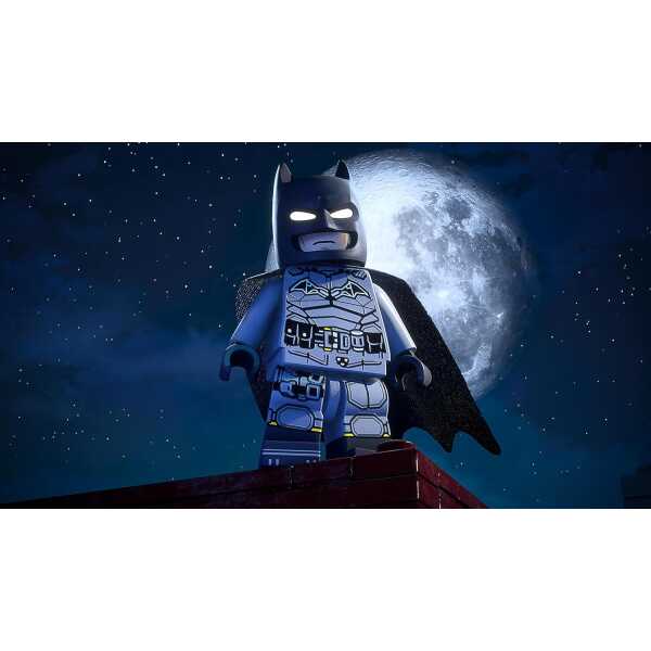 LEGO Batman standing on rooftop with full moon in background, showcasing superhero figure from LEGO.