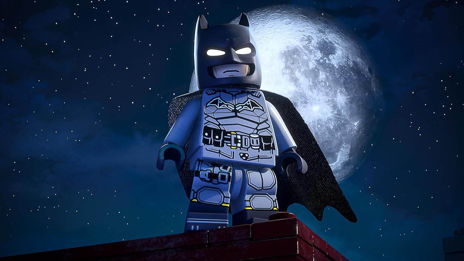LEGO Batman standing on rooftop with full moon in background, showcasing superhero figure from LEGO.