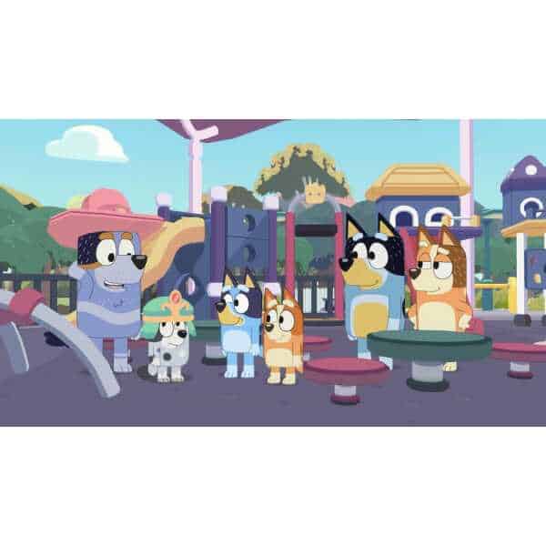 Colorful cartoon dogs enjoying a day at the playground.