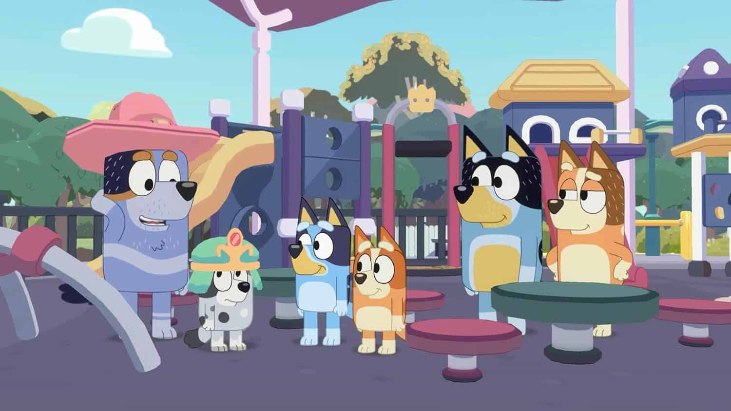 Colorful cartoon dogs enjoying a day at the playground.