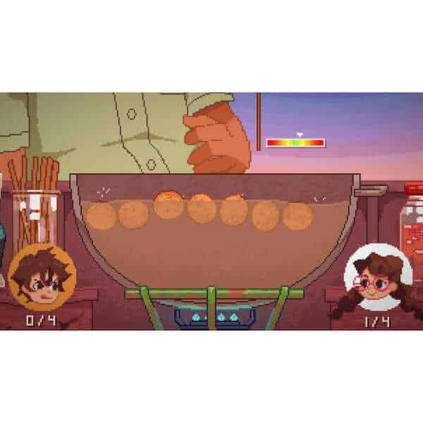 Pixel art scene of two characters cooking cookies in a retro kitchen.