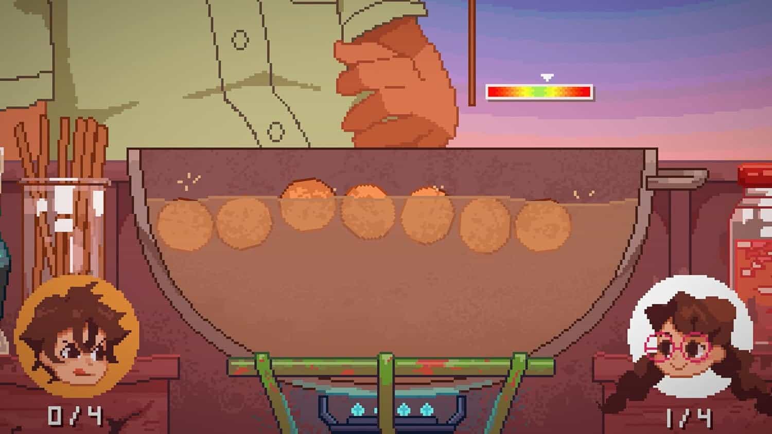 Pixel art scene of two characters cooking cookies in a retro kitchen.