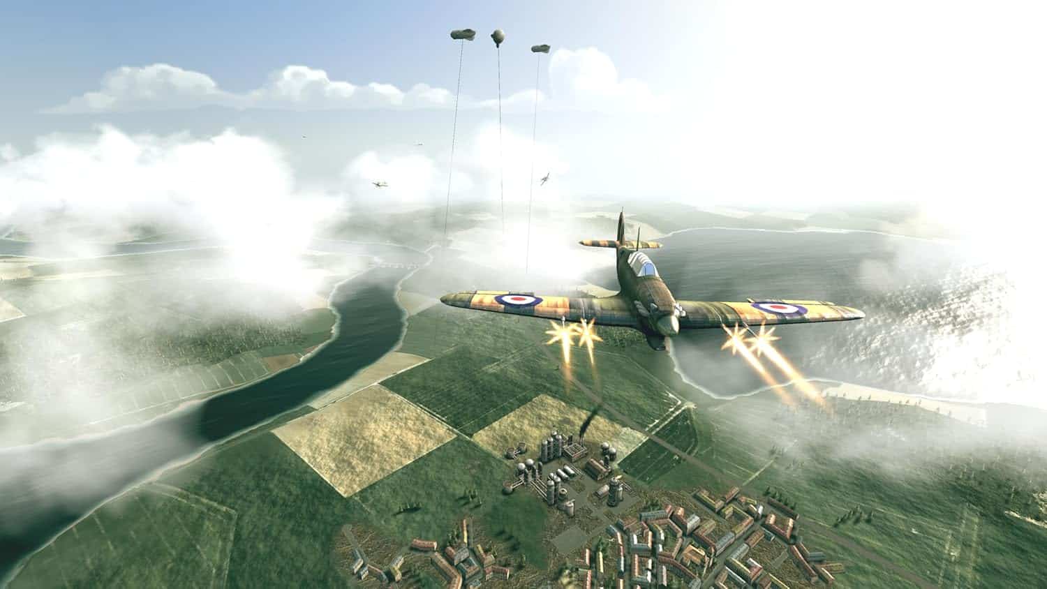 WWII fighter plane engaging in aerial combat over rural landscape.