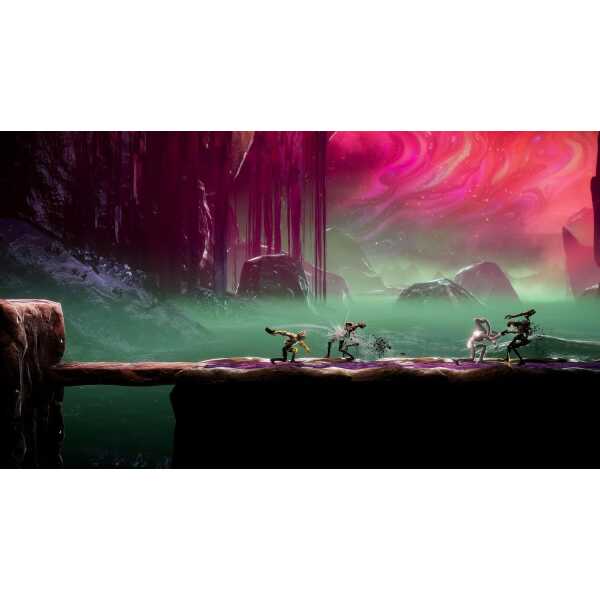 Futuristic game scene with characters running across a platform under colorful sky.