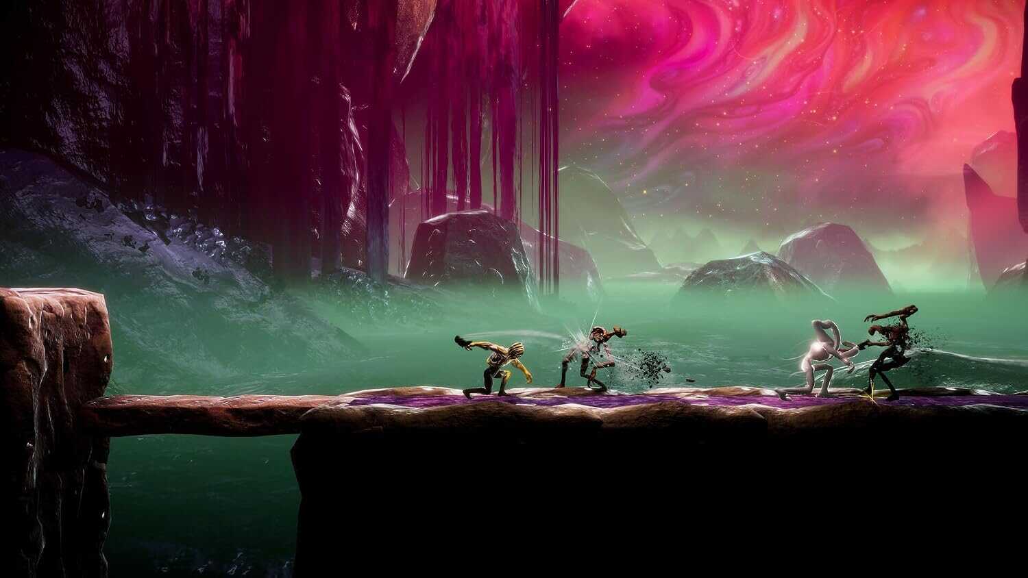 Futuristic game scene with characters running across a platform under colorful sky.