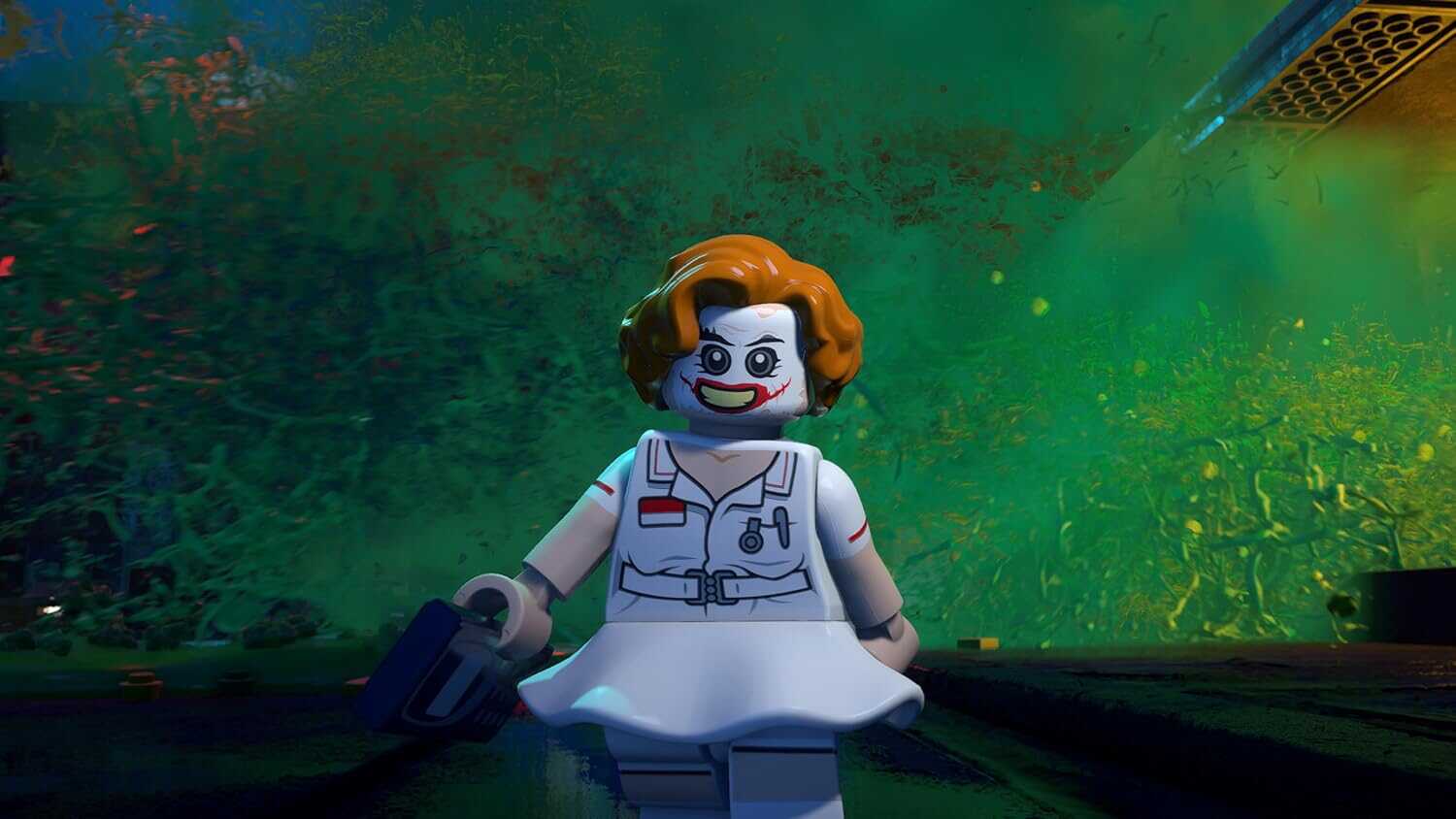 LEGO Joker minifigure from LEGO Batman set with green background.