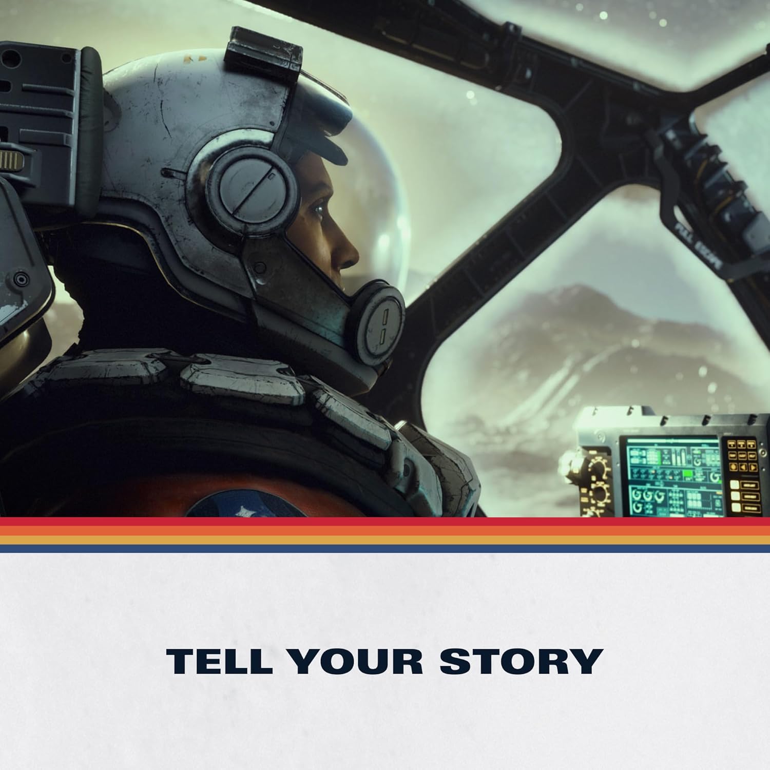 Astronaut pilot in space cockpit with view of stars and planets.