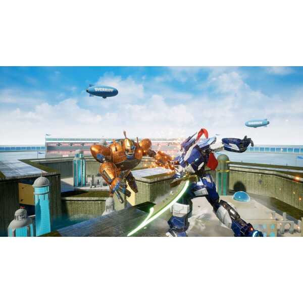 An action-packed scene featuring Ultraman battling a giant robot in a futuristic cityscape.