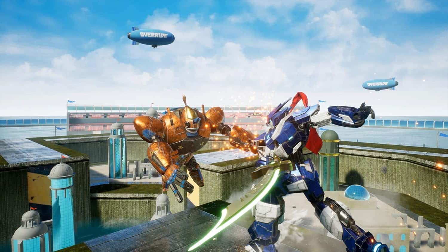 An action-packed scene featuring Ultraman battling a giant robot in a futuristic cityscape.