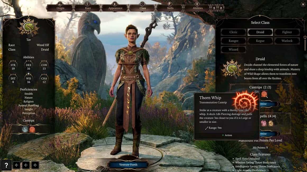 A powerful Druid character from Gameware's fantasy game, standing in a lush, mystical forest setting.