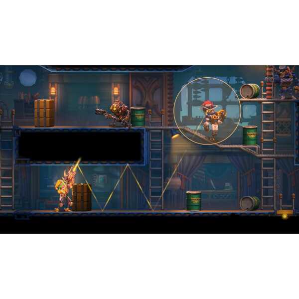 Action-packed platformer game with characters battling in a colorful, industrial-themed environment.