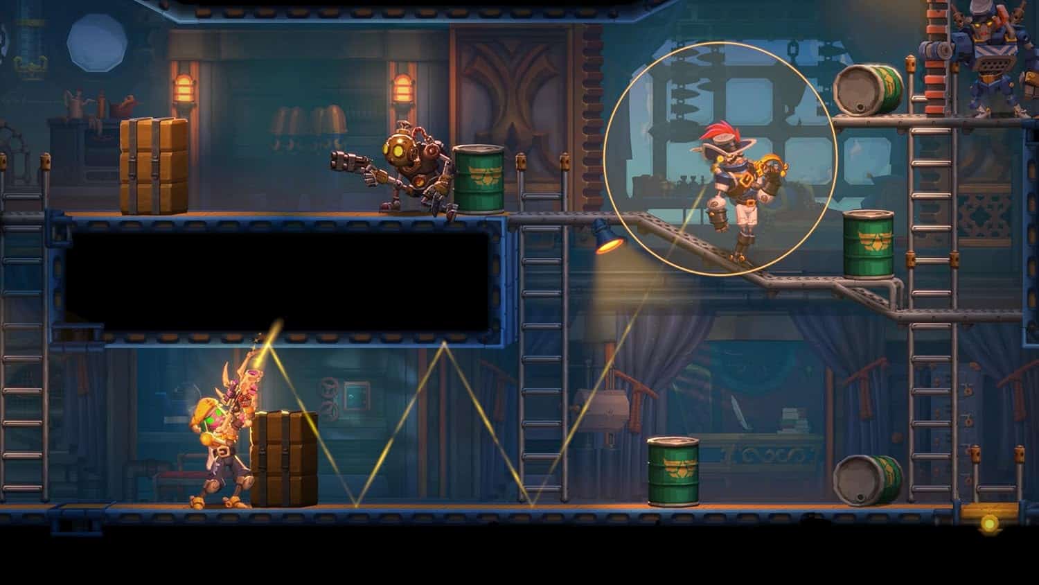 Action-packed platformer game with characters battling in a colorful, industrial-themed environment.