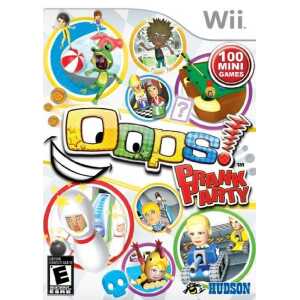 Wii game cover featuring "OOPS! Prank Party" with mini-games and colorful characters.