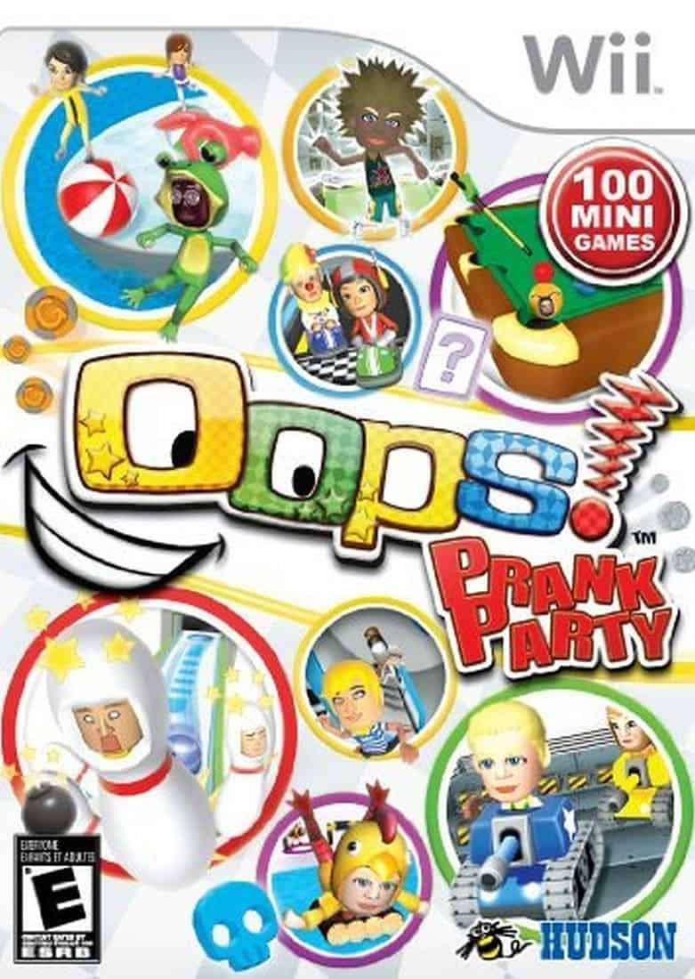 Wii game cover featuring "OOPS! Prank Party" with mini-games and colorful characters.